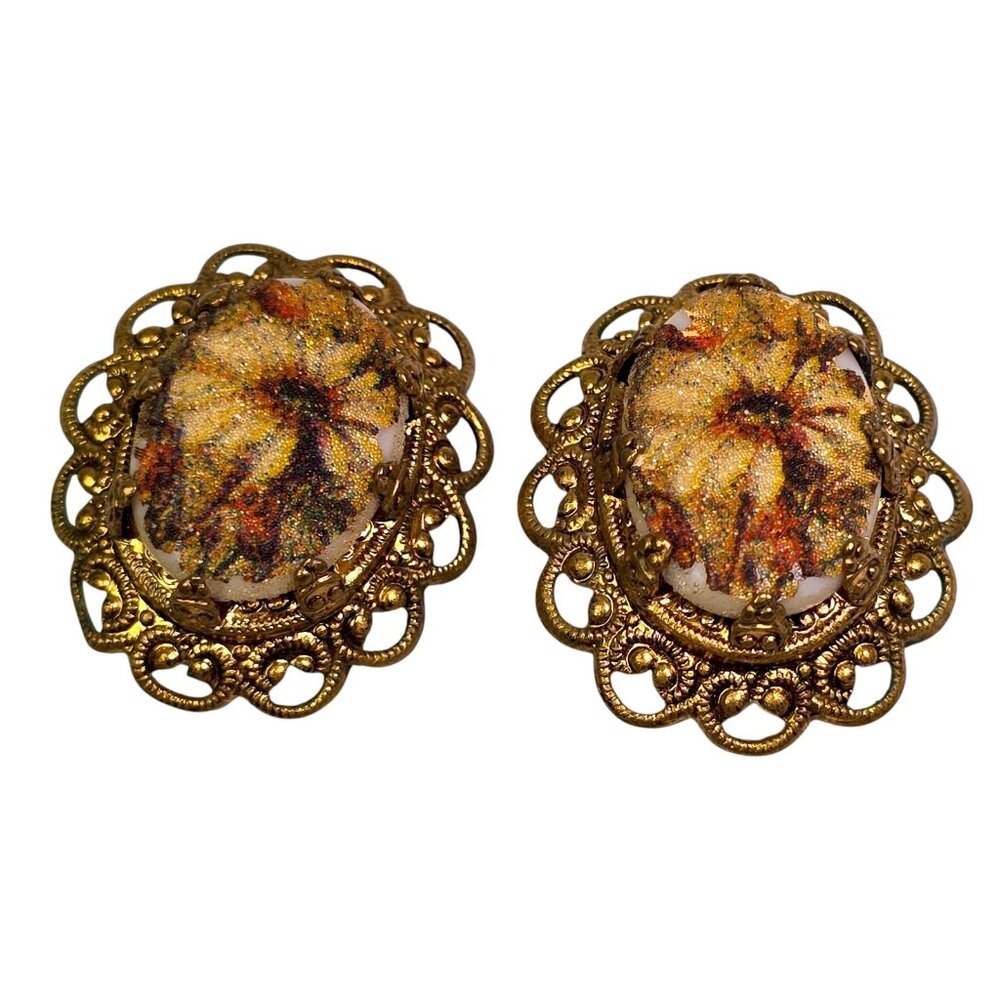 Vintage W Germany Sugar Glass Floral Earrings Gold Filigree Clip On 1960s Flower
